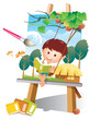 a boy is reading story book on a trapeze