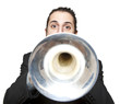stylish jazz man playing the trumpet on white background