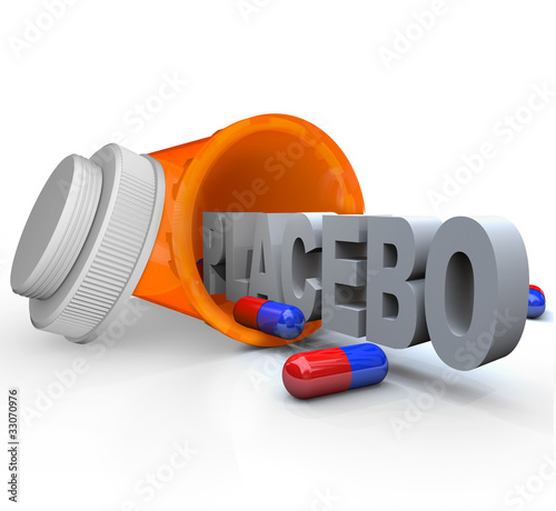 Illustration: Prescription Medicine Bottle - Placebo Capsule Word Prescription Medicine Bottle - Placebo Capsule Word
