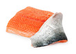 fresh uncooked salmon fillet over white . fresh uncooked salmon fillet over white .