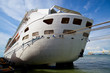 Front view of a cruise ship docked in a jetty