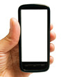 Hand holding a phone on white