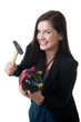 woman coinbank hammer smile