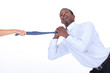 Man being yanked off camera by his tie