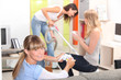 a woman vacuuming and two women playing video games