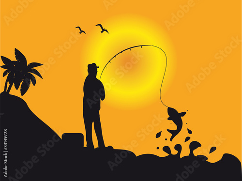 Vektor: Fishermen in the sunset with fish - Angler Fishermen in the sunset with fish - Angler