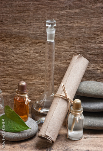 Photo: Vials of perfume oils in fragrance lab Vials of perfume oils in fragrance lab