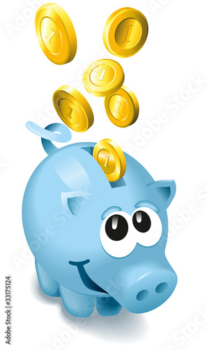 Vector: Niedliches Blaues Sparschwein mit Geld Niedliches Blaues Sparschwein mit Geld