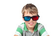 little boy in striped shirt and anaglyph glasses isolated