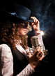 Beautiful singer in hat with microphone Beautiful singer in hat with microphone