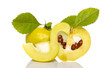 arrangement of small quince with seeds and grean leaves arrangement of small quince with seeds and grean leaves