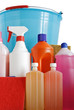 detergents, sponges and bucket
