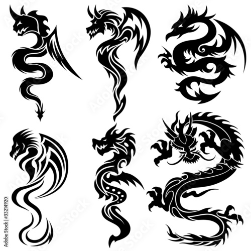 Vektor: Set of the Chinese dragons, tribal tattoo Set of the Chinese dragons, tribal tattoo