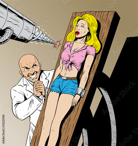 Vector: Girl captured by evil scientist and in danger. Girl captured by evil scientist and in danger.