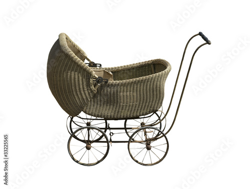 Photo: vintage baby carriage on a white background vintage baby carriage on a white background