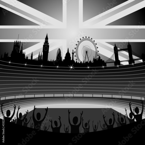 Vector: stadium with fans and London skyline stadium with fans and London skyline