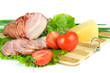 Arrangement with meat smoked bacon, tomatoes and cheese