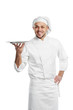 happy chef with tray isolated