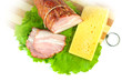 Arrangement with meat smoked bacon and cheese on Cutting board