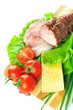 Arrangement with meat smoked bacon, tomatoes and cheese