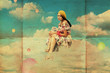 beauty woman fly in clouds, retro