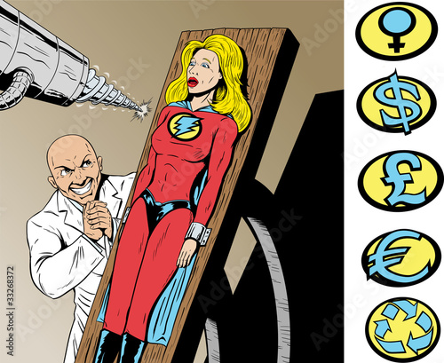 Vector: Superhero captured by evil scientist and in danger. Superhero captured by evil scientist and in danger.