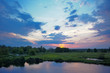 Twilight landscape. Flood waters of Narew river, Poland.