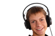 happy guy with headphones looking for you