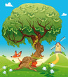 Fox behind the tree. Vector illustration, isolated objects.