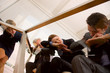 businessman and businesswoman exhausted during a meeting
