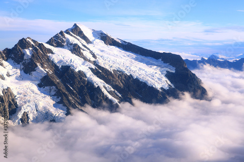 Photo: Mountain Cook Peak with mist landscape from Helicopter, New Zeal Mountain Cook Peak with mist landscape from Helicopter, New Zeal