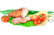 Arrangement with meat smoked bacon, tomatoes and cheese