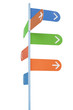 Sign post with white arrows on multi-colored backgrounds