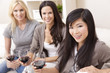 Interracial Group Three Women Friends Drinking Wine Together at