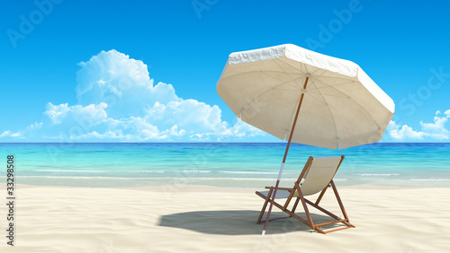 Illustration: Beach chair and umbrella on idyllic tropical sand beach Beach chair and umbrella on idyllic tropical sand beach