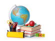 Stack of books, red apple, globe and pencils
