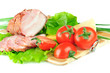 Arrangement with meat smoked bacon, tomatoes and cheese