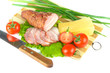 Arrangement with meat smoked bacon, tomatoes and cheese