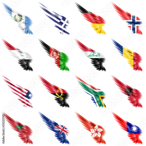 Illustration: Set of european, african and american flags on wings Set of european, african and american flags on wings