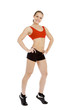 Smiling young sporty muscular woman. Isolated over white backgro