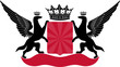 heraldic emblem with dog, crown and wings