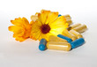Medical pills and tablets with calendula flowers