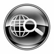 globe and magnifier icon black, isolated on white background.