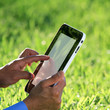hands on digital tablet with green grass
