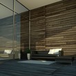 Ledersofa vor Fenster mit Holzwand