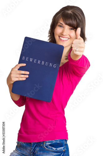 Photo: Frau mit Bewerbung und Daumen hoch Frau mit Bewerbung und Daumen hoch