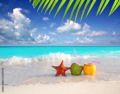 Photo: coconut cocktails juice and starfish in tropical beach coconut cocktails juice and starfish in tropical beach