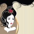 Vintage card. Beautiful girl head with rose and jewerly on hair.
