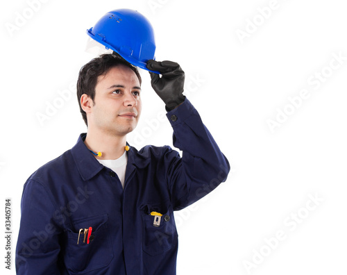 Photo: Working engineer portrait, isolated on white Working engineer portrait, isolated on white