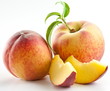 Ripe peach fruit with leaves and slises
